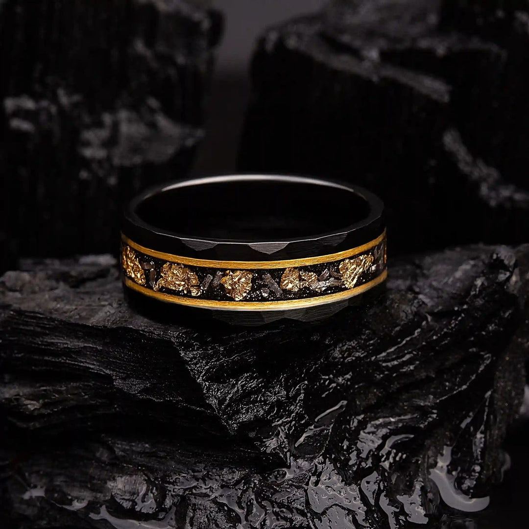 Golden Leaf and Black Meteorite Tungsten Ring - Orion-1.93 inches-The Livary