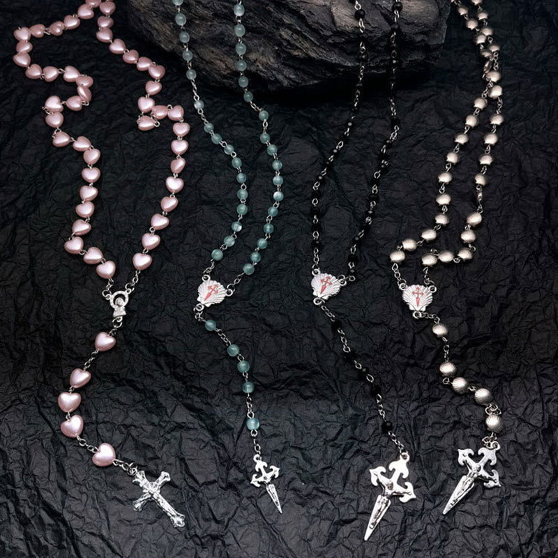 Heart-Shaped Cat's Eye Stone Rosary Necklace - Elara-Pink Cat's Eye Stone #heart-The Livary
