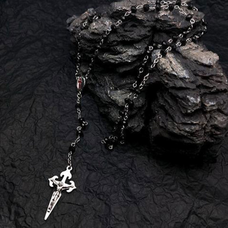 Heart-Shaped Cat's Eye Stone Rosary Necklace - Elara-Black Onyx-The Livary