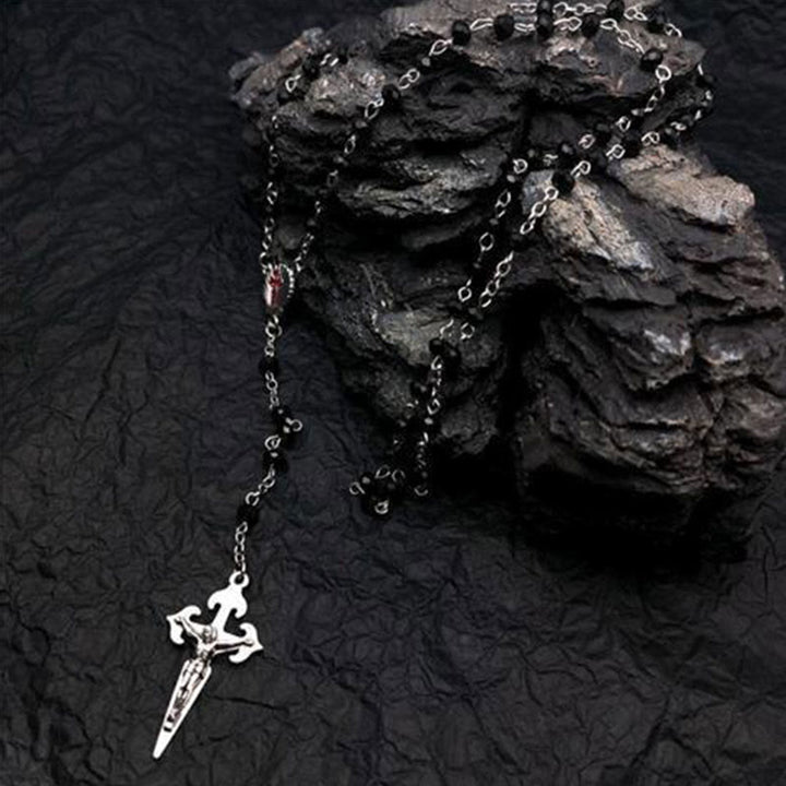 Heart-Shaped Cat's Eye Stone Rosary Necklace - Elara-Black Onyx-The Livary