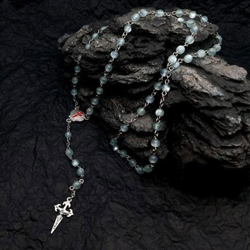 Heart-Shaped Cat's Eye Stone Rosary Necklace - Elara-Green Cat's Eye Stone-The Livary
