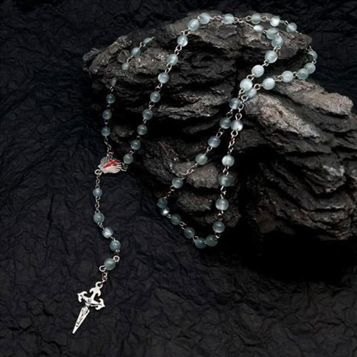 Heart-Shaped Cat's Eye Stone Rosary Necklace - Elara-Green Cat's Eye Stone-The Livary