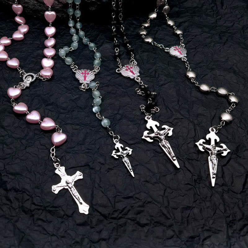 Heart-Shaped Cat's Eye Stone Rosary Necklace - Elara-Pink Cat's Eye Stone #heart-The Livary
