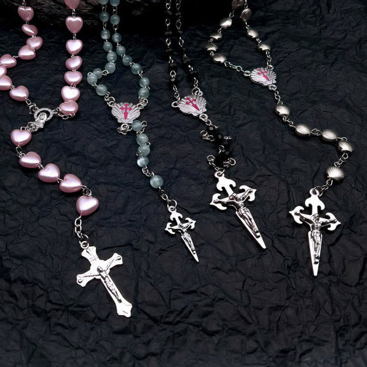 Heart-Shaped Cat's Eye Stone Rosary Necklace - Elara-Pink Cat's Eye Stone #heart-The Livary