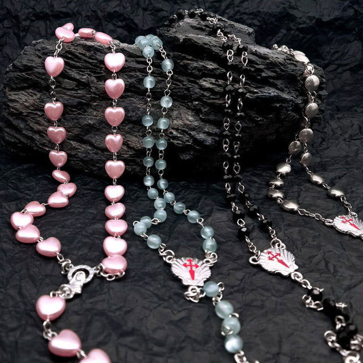 Heart-Shaped Cat's Eye Stone Rosary Necklace - Elara-Pink Cat's Eye Stone #heart-The Livary