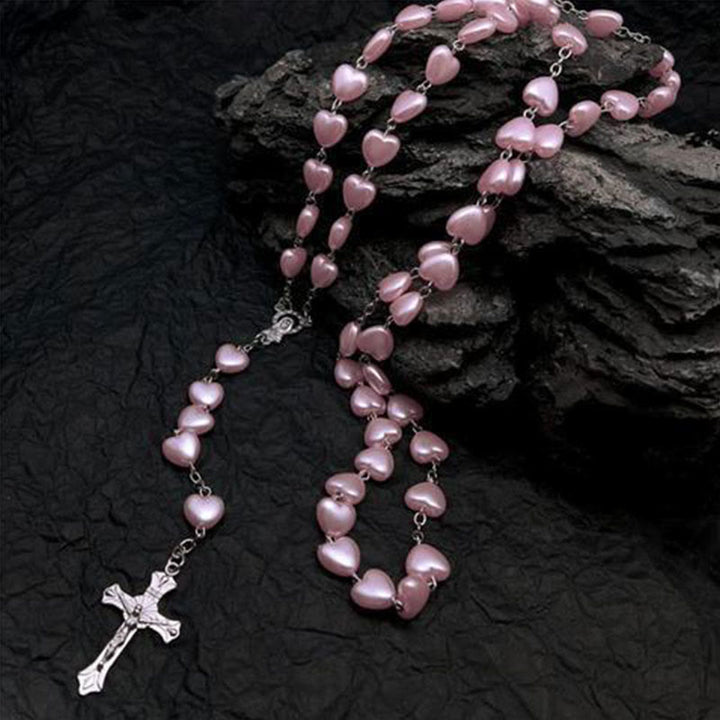 Heart-Shaped Cat's Eye Stone Rosary Necklace - Elara-Pink Cat's Eye Stone #heart-The Livary