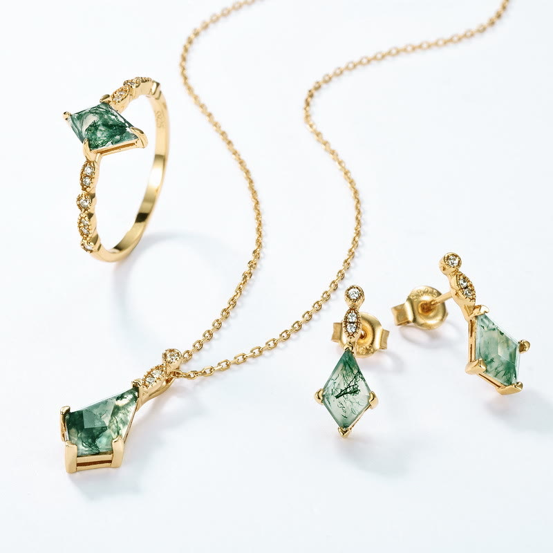 Moss Agate and White Zircon Jewellery Set - Lana-Necklace + Earrings + Ring Set-The Livary