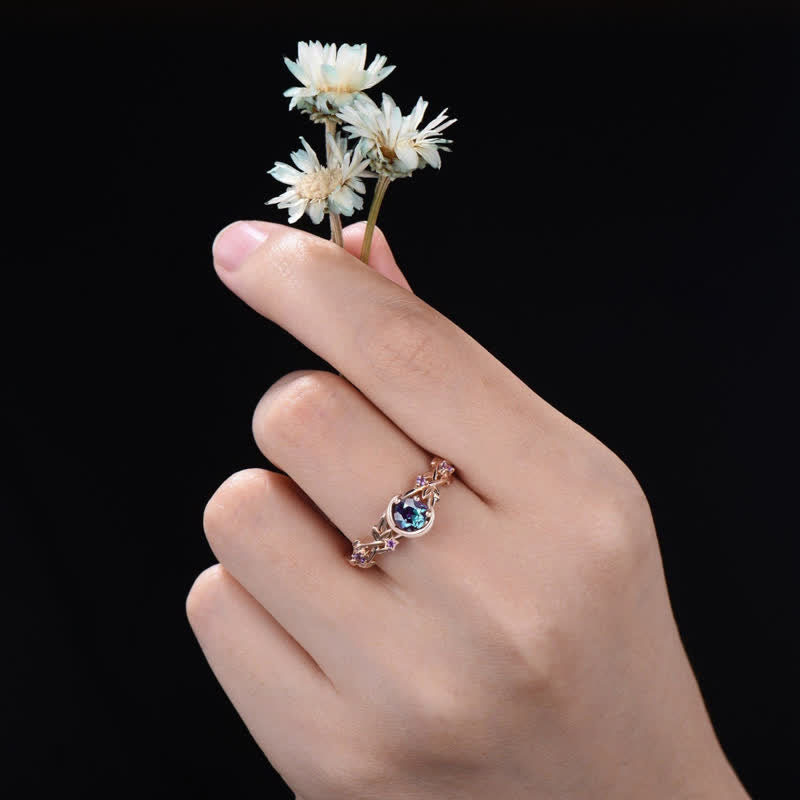 Moonstone Colour-Changing Alexandrite and Amethyst Engagement Ring - Elara-Gold-1.93 inches-The Livary
