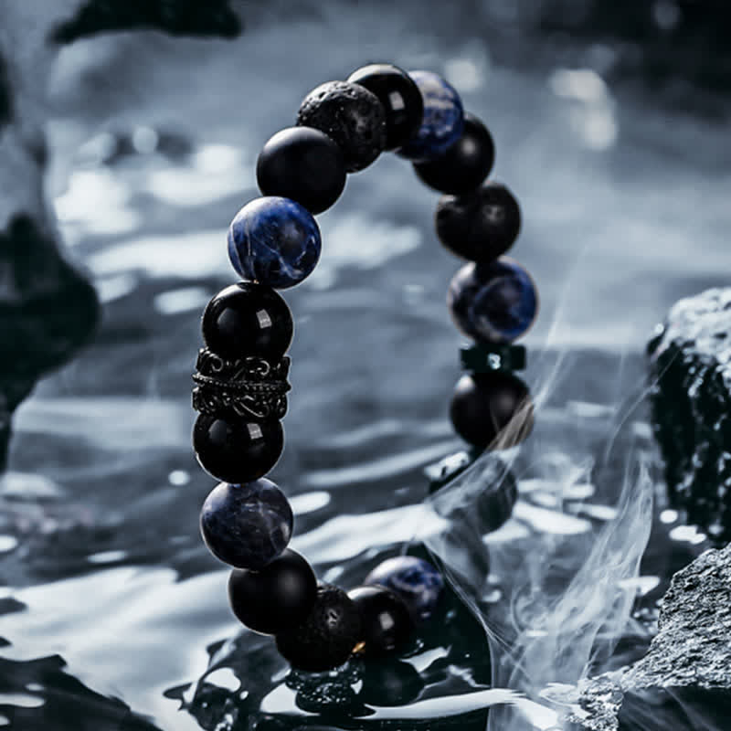 "Lord Black Warrior" Natural Crystal Bead Bracelet - Ragnar-Obsidian & sodalite & lava stone-14cm-The Livary