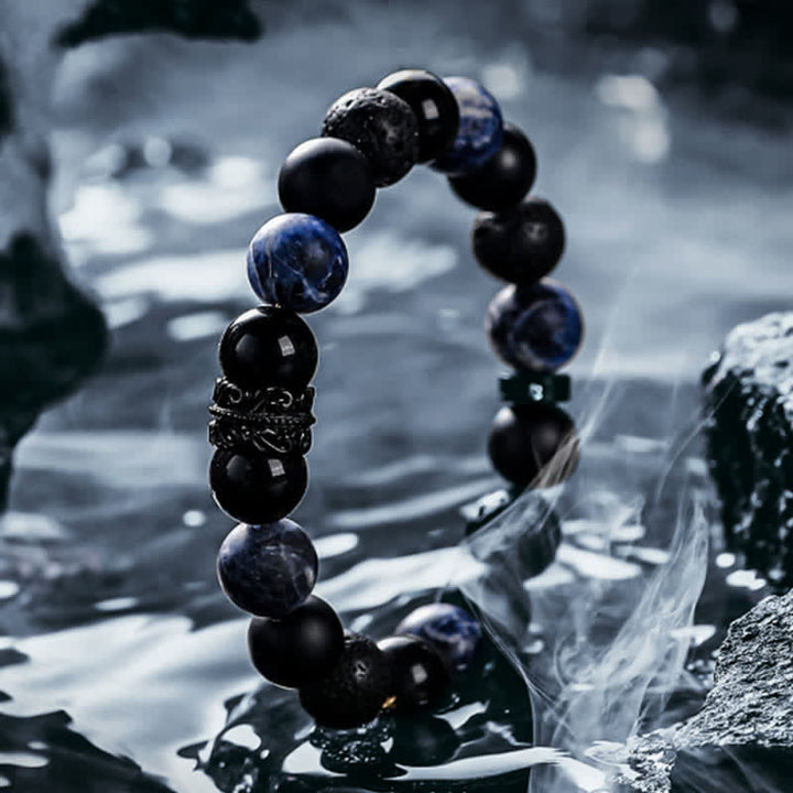 "Lord Black Warrior" Natural Crystal Bead Bracelet - Ragnar-Obsidian & sodalite & lava stone-14cm-The Livary