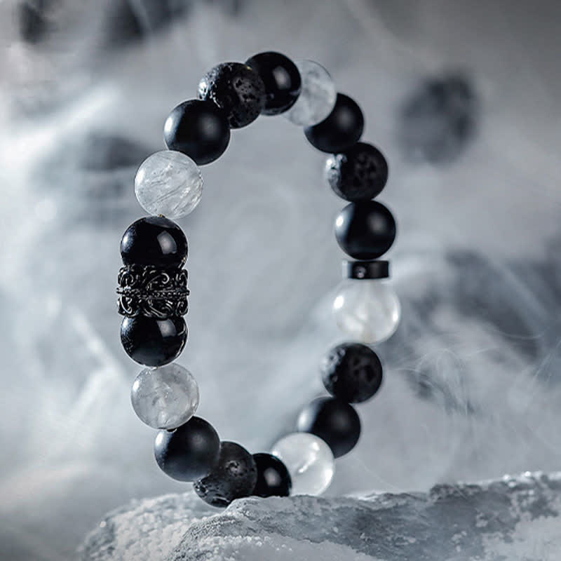 "Lord Black Warrior" Natural Crystal Bead Bracelet - Ragnar-Obsidian & Clear Crystal & Lava Stone-14cm-The Livary