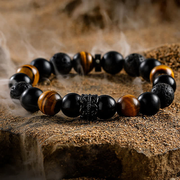 "Lord Black Warrior" Natural Crystal Bead Bracelet - Ragnar-Obsidian & tiger's eye & lava stone-14cm-The Livary