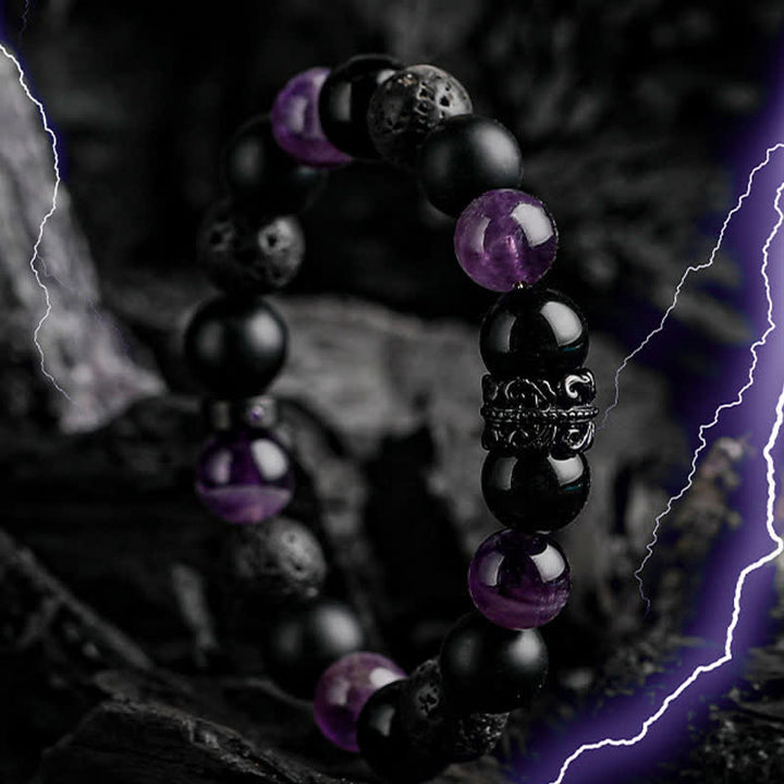 "Lord Black Warrior" Natural Crystal Bead Bracelet - Ragnar-Obsidian & Amethyst & Lava Stone-14cm-The Livary