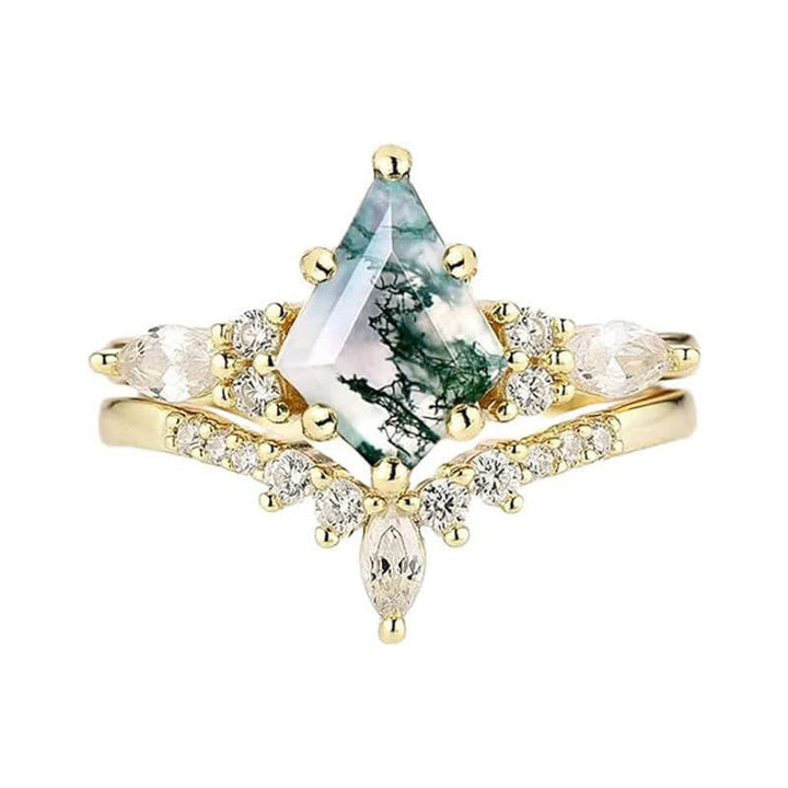 Stylish 2-piece Moss Agate Ring Set - Serenia-Gold-1.93 inches-The Livary