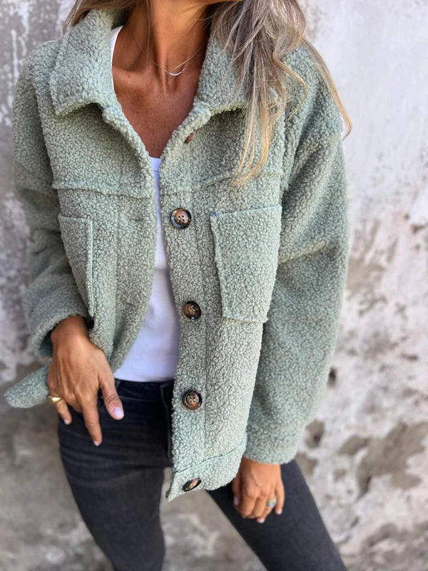 Short Teddy Coat - Dion | Warm with Stylish Lapel Collar-Green-S-The Livary