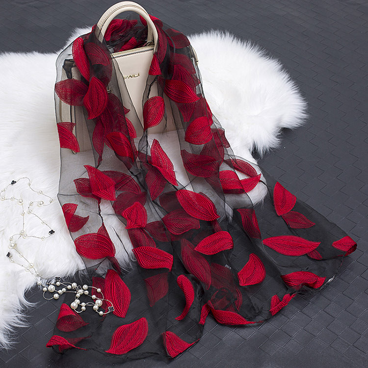 Trendy women's silk scarf with floral pattern and cut-out design – Fiora (1+1 FREE)-Red leaves-The Livary