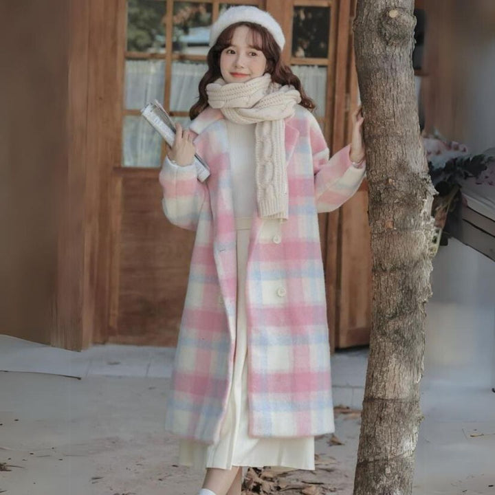 Pastel-Coloured Checked Wool Mix Coat with Double-Breasted Buttons - Sofie-XS-The Livary