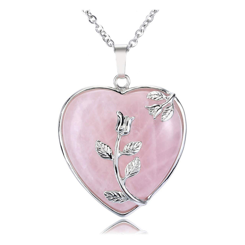Stylish Heart-Shaped Rose Quartz Necklace - Amara-Rose quartz-The Livary