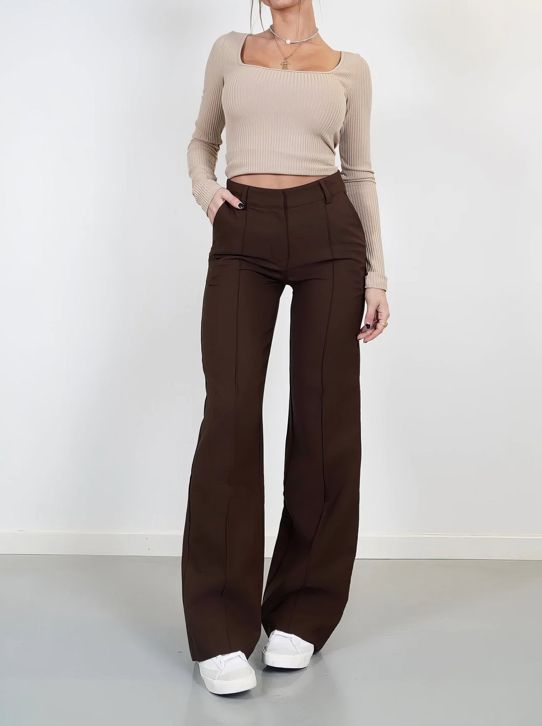 Stylish High-Waisted Trousers - Luna-Brown-S-The Livary
