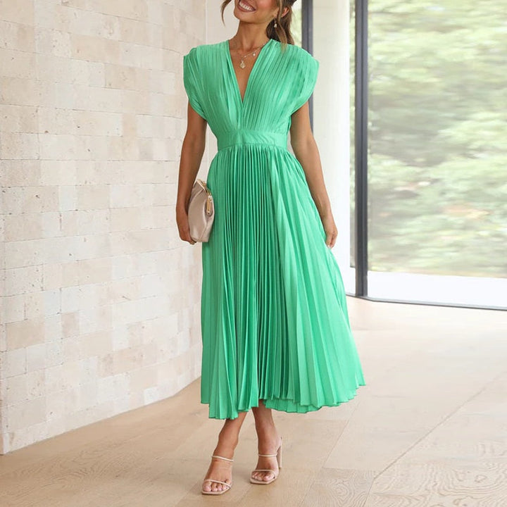 Flowing maxi dress with pleats and a V-neck – Noelle-Green-S-The Livary