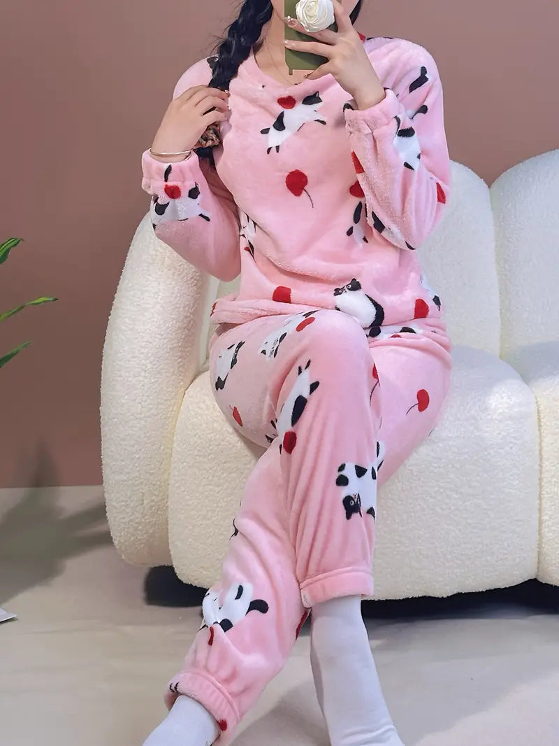 Warm Fleece Pyjama Set with Cute Print - Celeste-Pink-M-The Livary