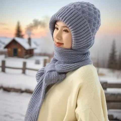 Warm Ladies Beanie with Integrated Scarf - Nora-Khaki-The Livary