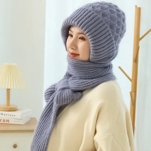 Warm Ladies Beanie with Integrated Scarf - Nora-Khaki-The Livary