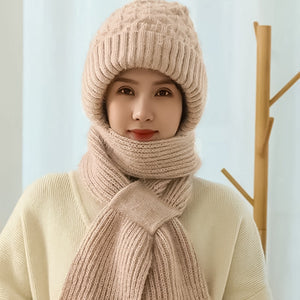 Warm Ladies Beanie with Integrated Scarf - Nora-Khaki-The Livary
