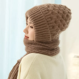 Warm Ladies Beanie with Integrated Scarf - Nora-Khaki-The Livary