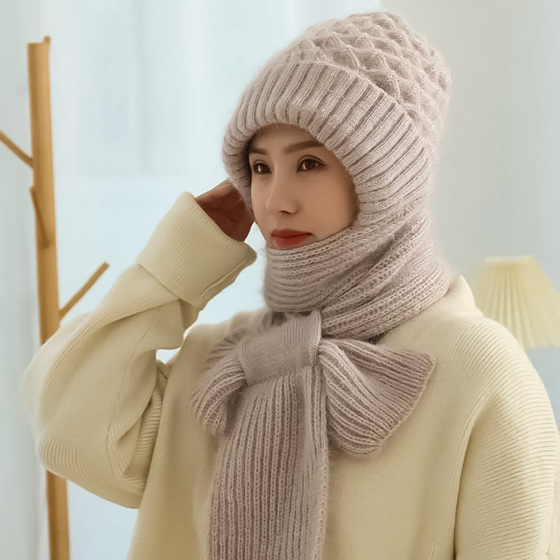 Warm Ladies Beanie with Integrated Scarf - Nora-Khaki-The Livary