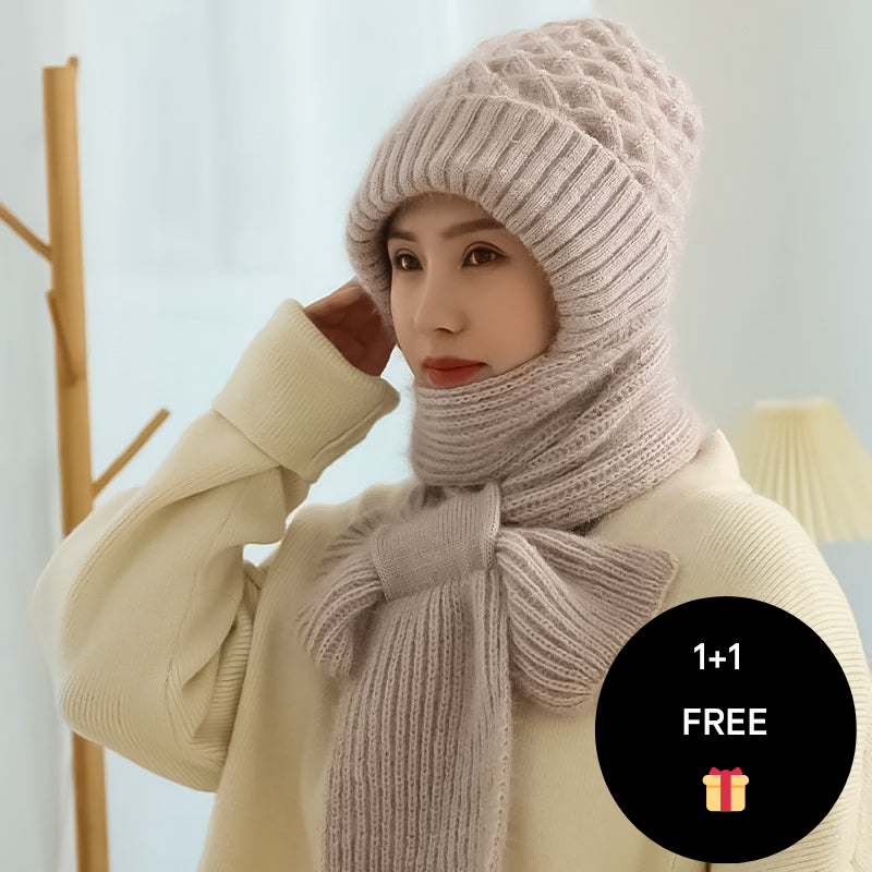 Warm Ladies Beanie with Integrated Scarf - Nora-Khaki-The Livary