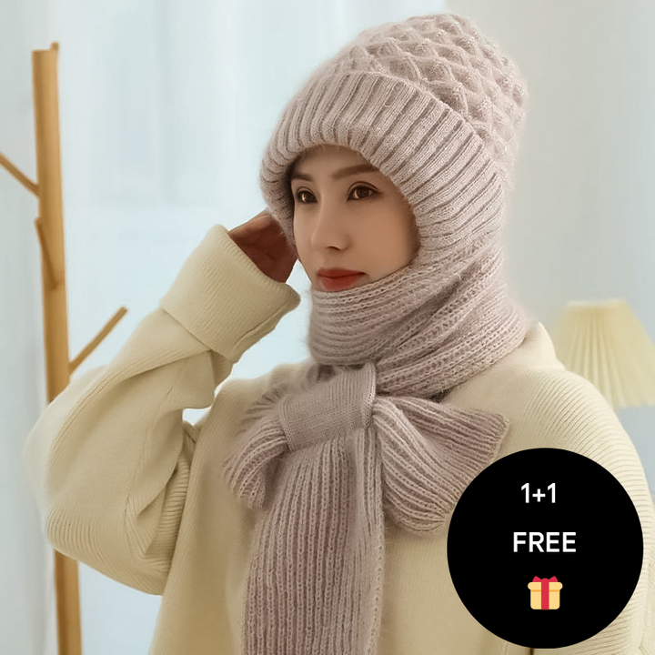 Warm Ladies Beanie with Integrated Scarf - Nora-Khaki-The Livary