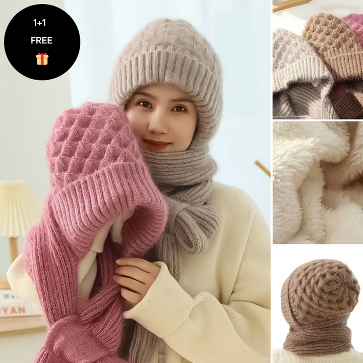 Warm Ladies Beanie with Integrated Scarf - Nora-Khaki-The Livary