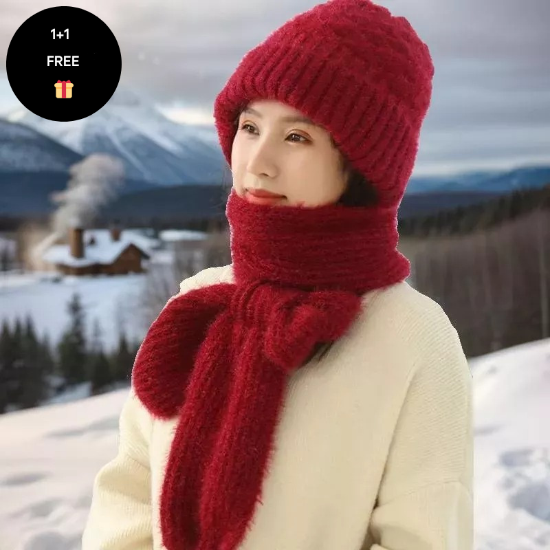 Warm Ladies Beanie with Integrated Scarf - Nora-Khaki-The Livary