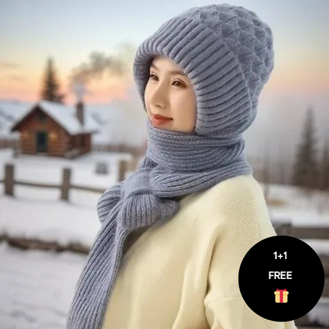 Warm Ladies Beanie with Integrated Scarf - Nora-Khaki-The Livary