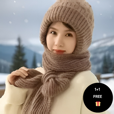 Warm Ladies Beanie with Integrated Scarf - Nora-Khaki-The Livary