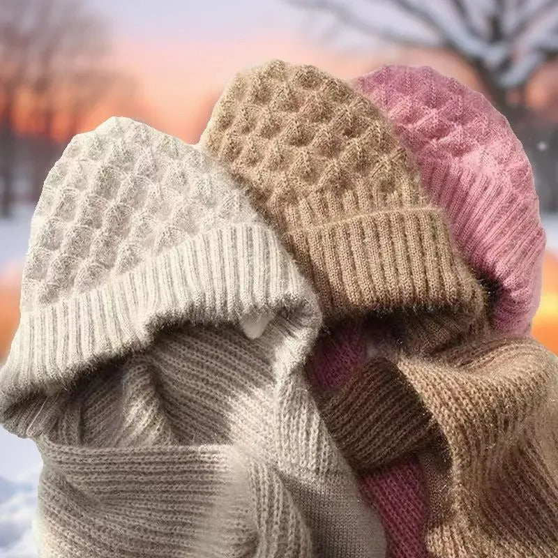 Warm Ladies Beanie with Integrated Scarf - Nora-Khaki-The Livary