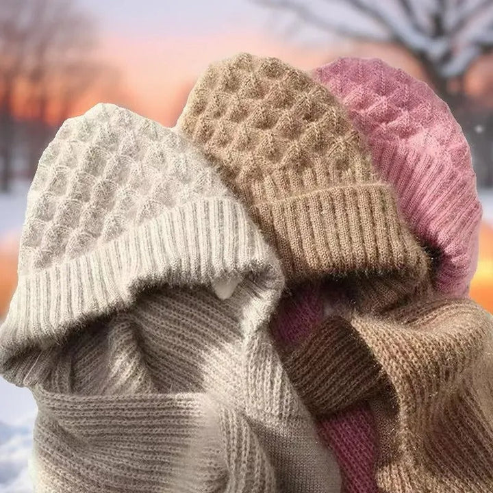 Warm Ladies Beanie with Integrated Scarf - Nora-Khaki-The Livary