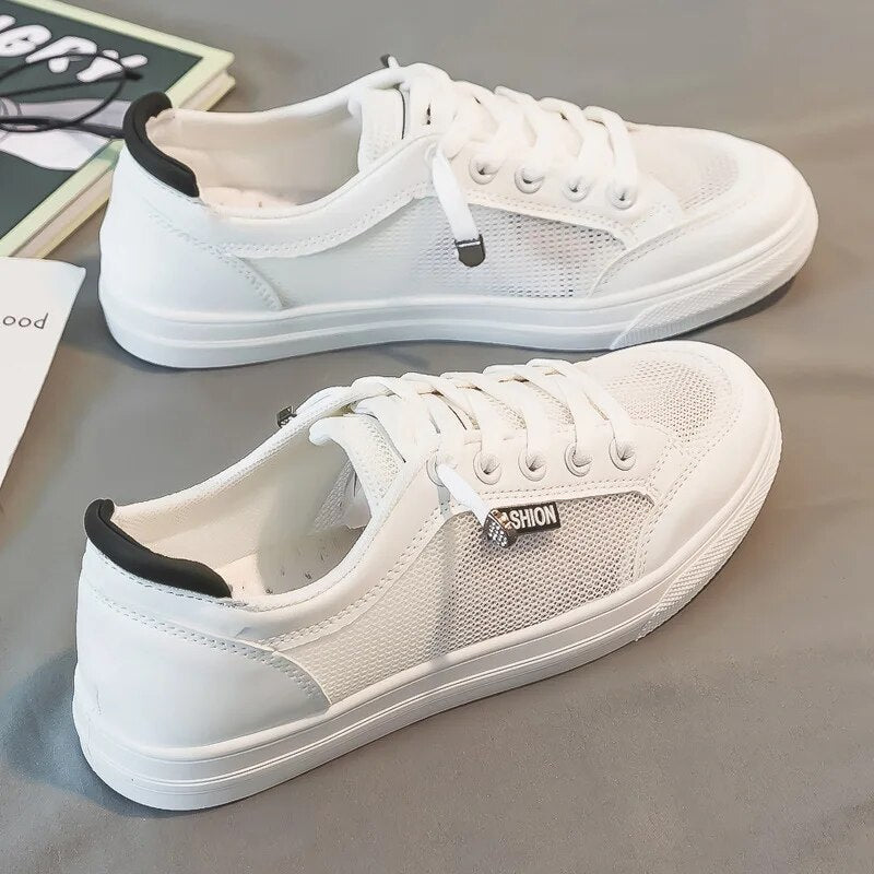 White women's sneakers with mesh upper – Elena-White Black-3-The Livary