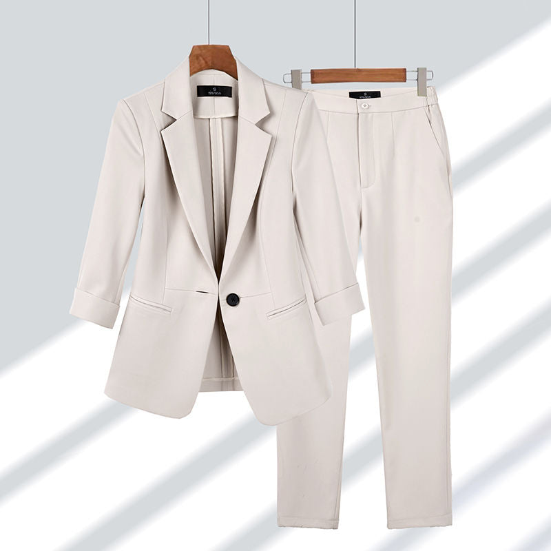 2-piece Women's Suit with Blazer and Trousers - Olivia-Beige-M-The Livary