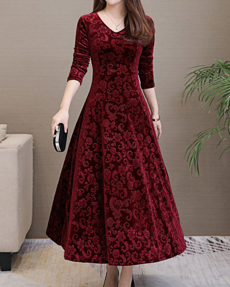 Velvet Midi Dress with Long Sleeves - Selina-Red wine-M-The Livary
