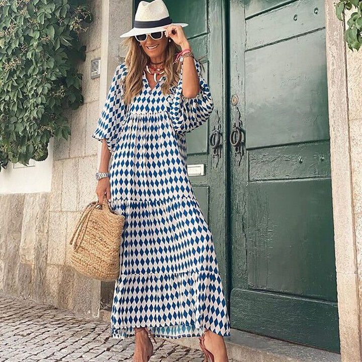 Printed maxi dress with waist band – Aurelia-Red-S-The Livary