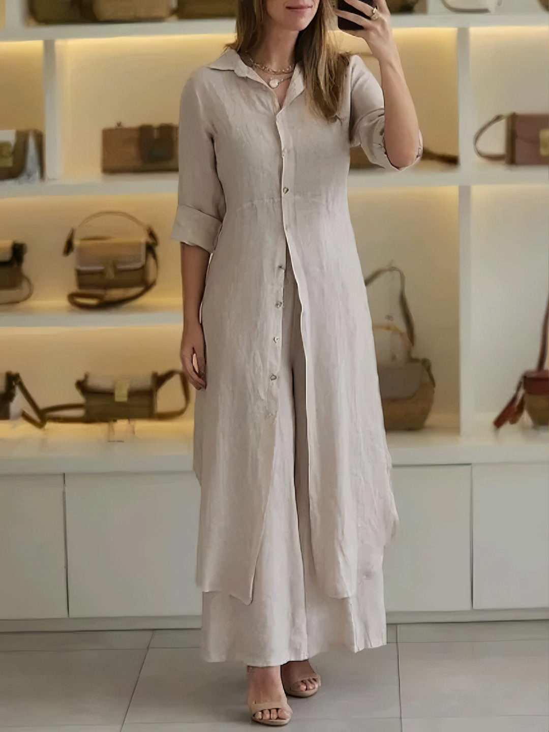 Two-piece ladies' summer set made of linen – Amaya-Khaki-S-The Livary