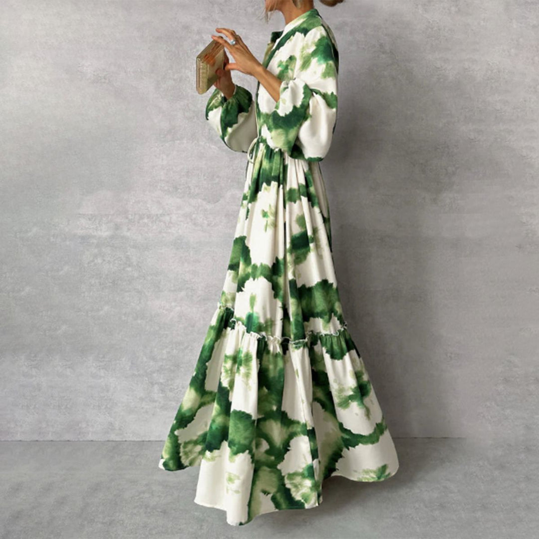 Drizella - Green maxi dress with long sleeves and pointed neckline-S-The Livary
