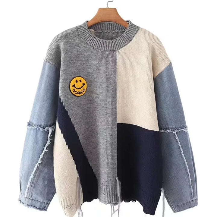 Cheerful Patchwork Sweater for Women - Liora-Light grey-S-The Livary