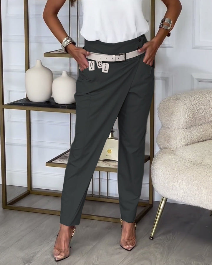Trendy Ladies Patchwork Trousers with Belt - Liv-Dark grey-S-The Livary