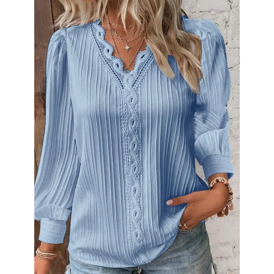 Stylish ladies' blouse with a V-neck & long sleeves – Alvara-Light blue-S-The Livary