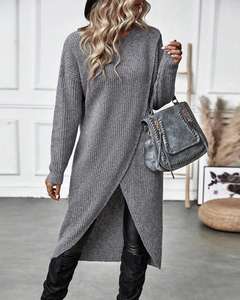 Stylish Plain Sweater Dress - Lina-Gray-S-The Livary