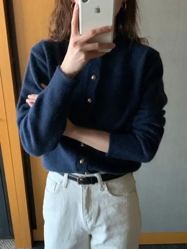 Stylish Knitted Cardigan with O-neck - Sophie-Marine blue-S-The Livary