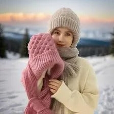 Warm Ladies Beanie with Integrated Scarf - Nora-Khaki-The Livary
